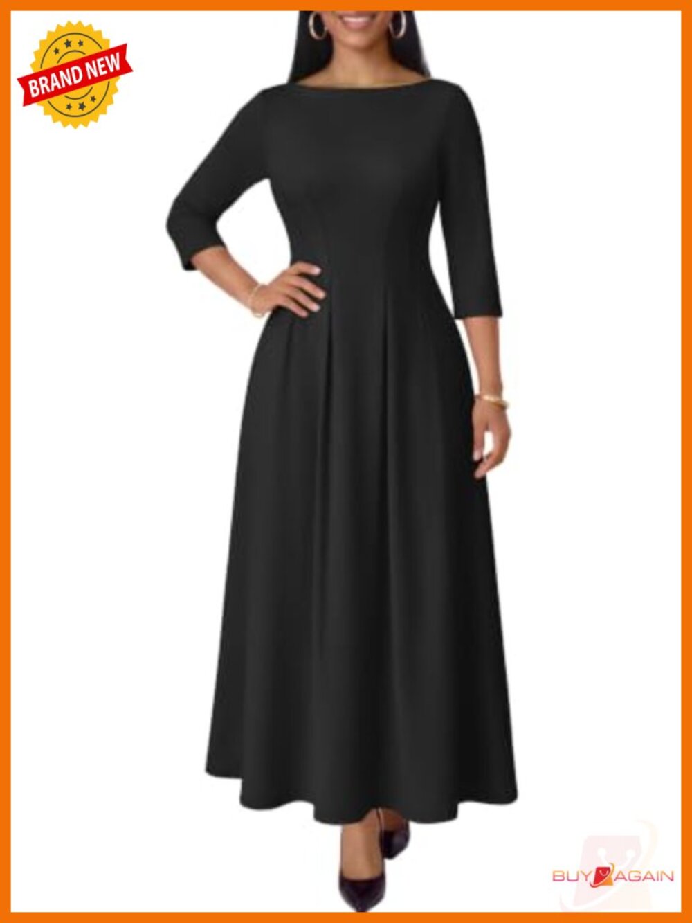 Maxi Dress 3/4 Sleeve Boat Neck Seamed Waist Fit & Flare with Pockets